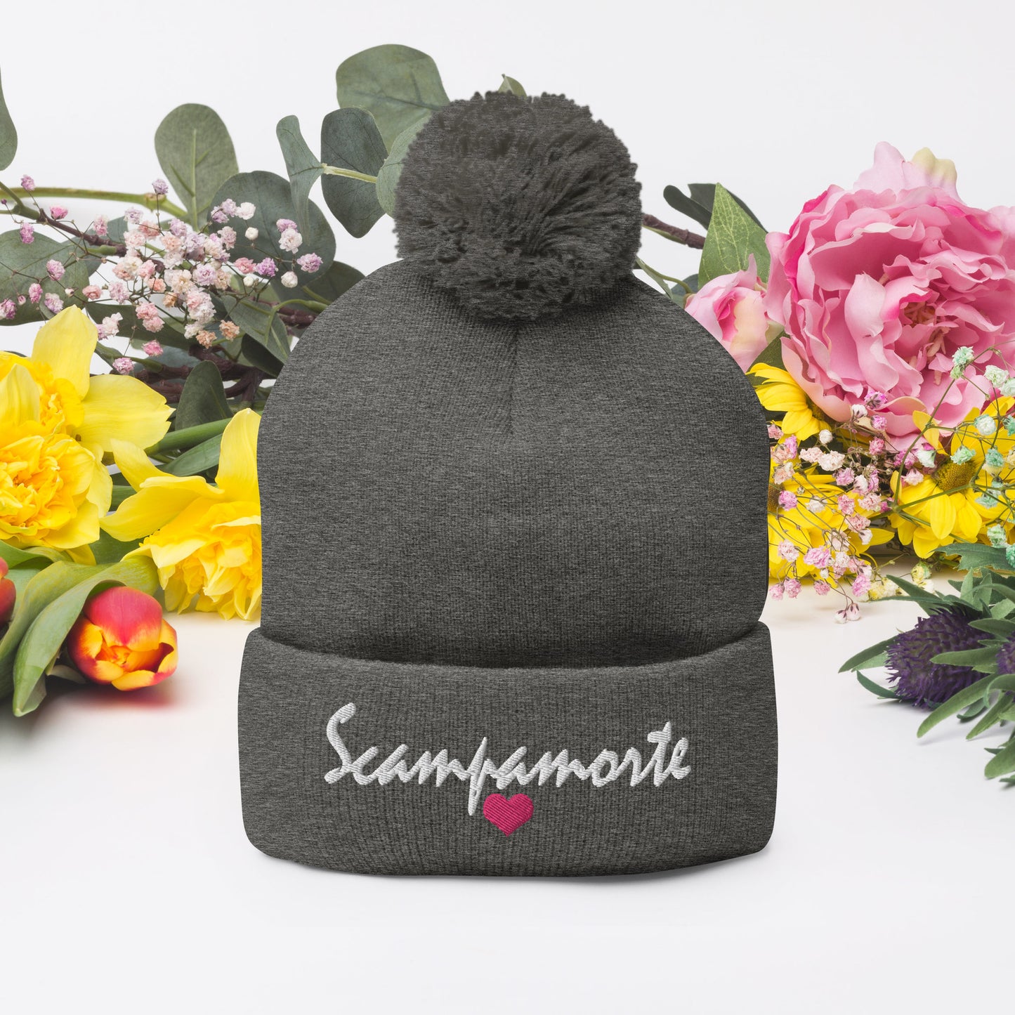 Pom-Pom Beanie - Embroidered - Pink Heart